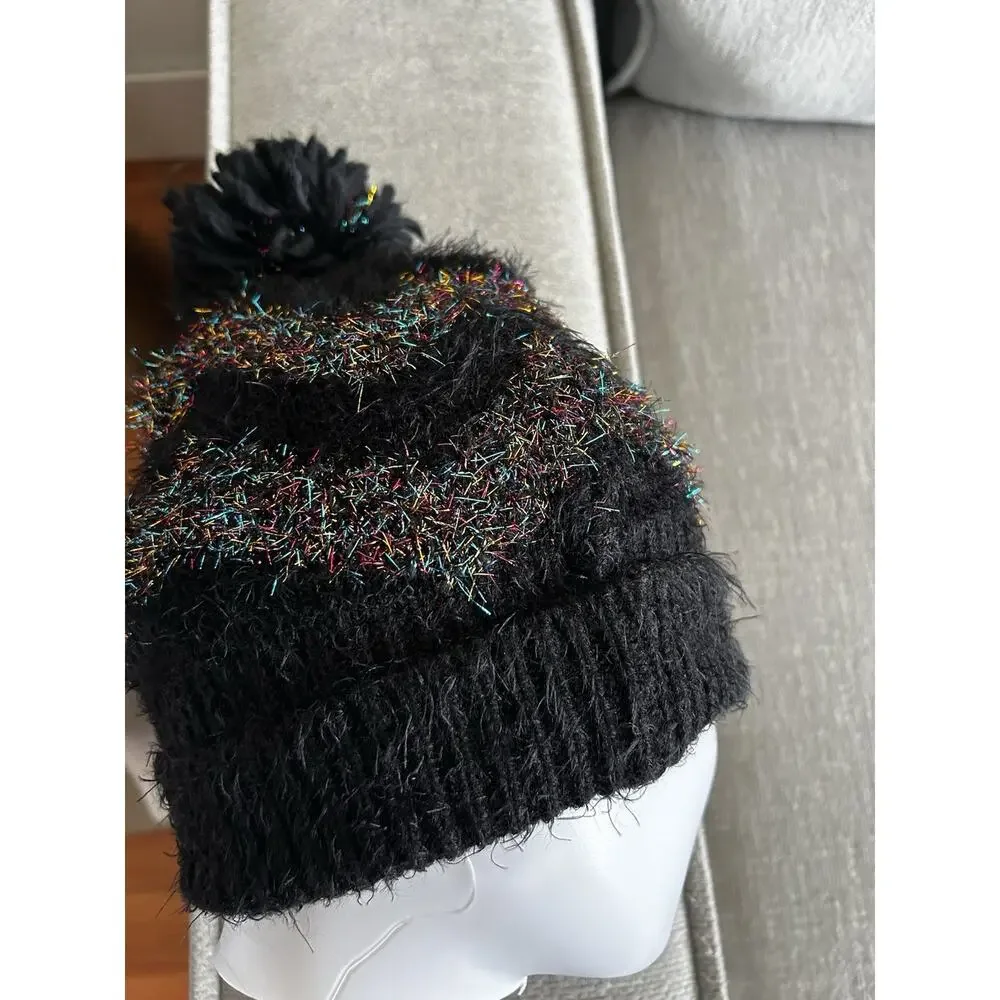 Zara Beanie Toque Womens One Size Black Glitter Zig Zag Knit Arylic Ski Pom